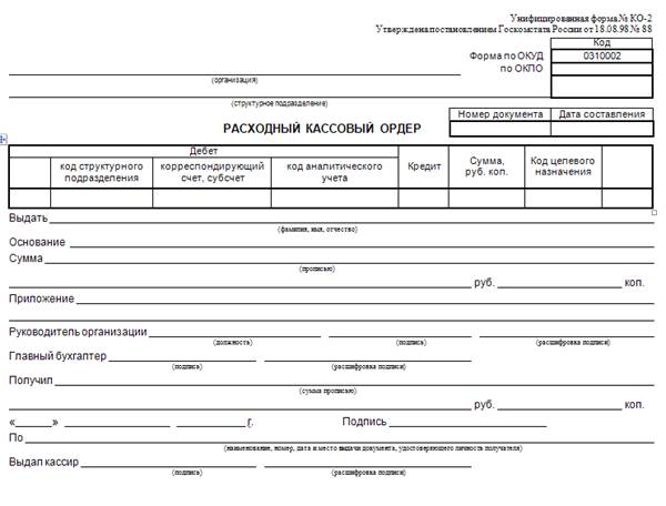 Расходно кассовый ордер бланк образец