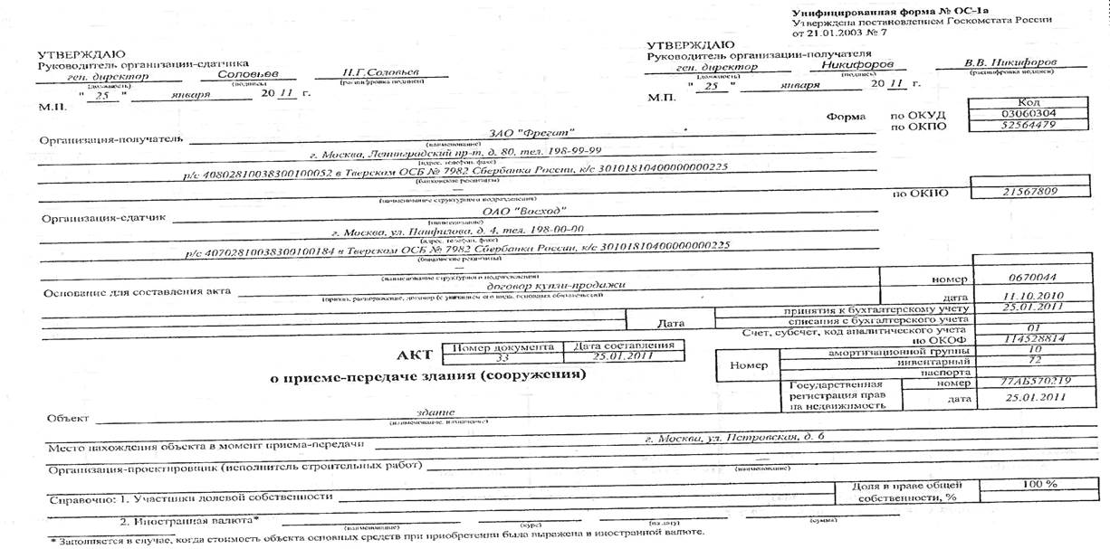 Акт о приеме передаче объекта основных средств кроме зданий сооружений образец