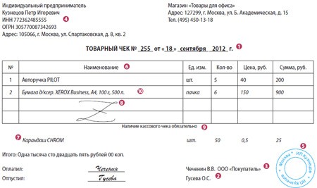 Товарный чек как заполнять правильно ип образец