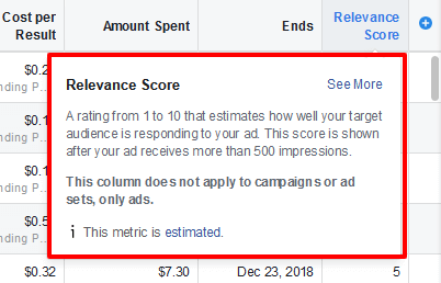 Relevance score in Facebook Ads screenshot