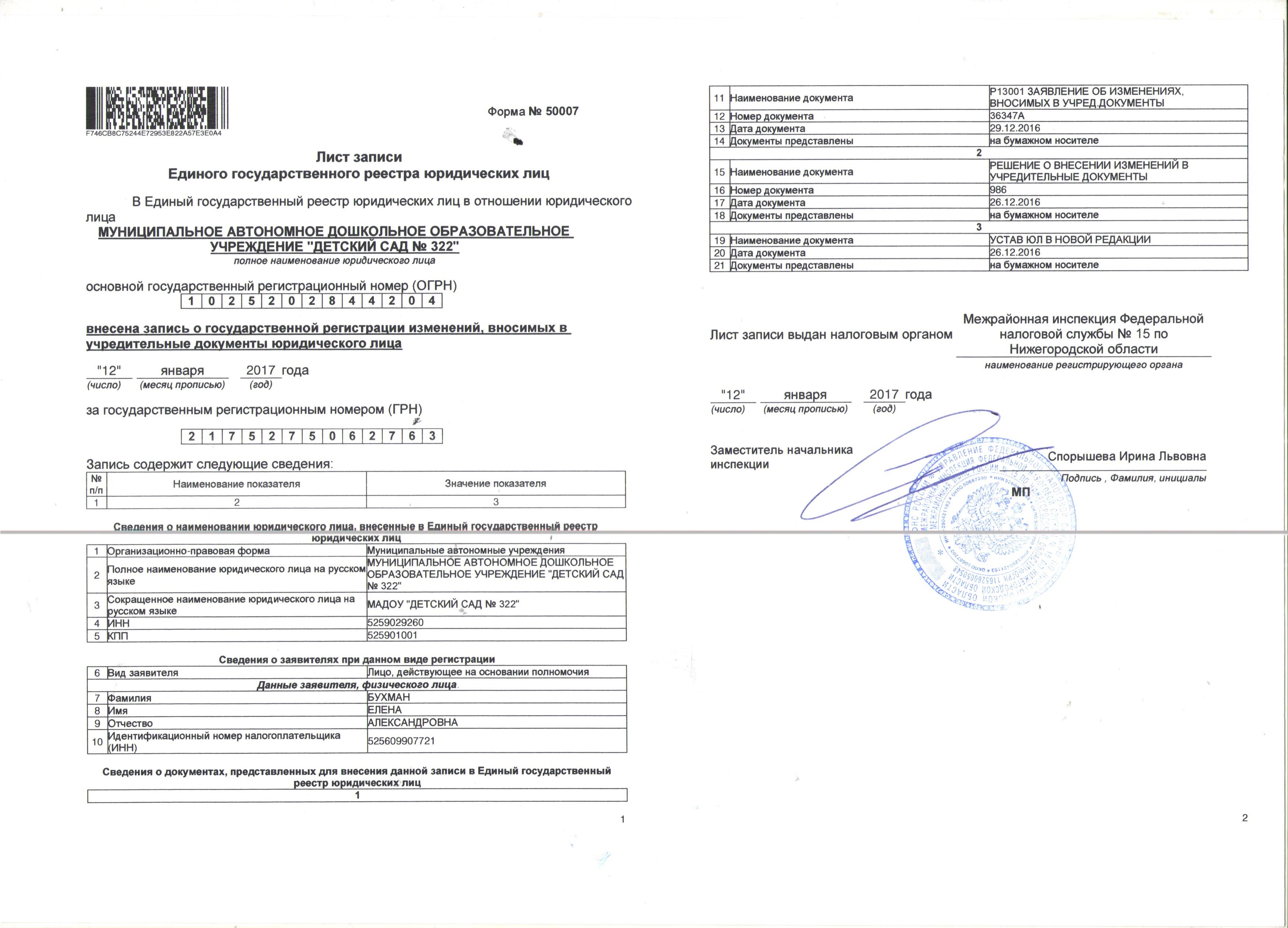 Образец свидетельство о внесении записи в егрюл