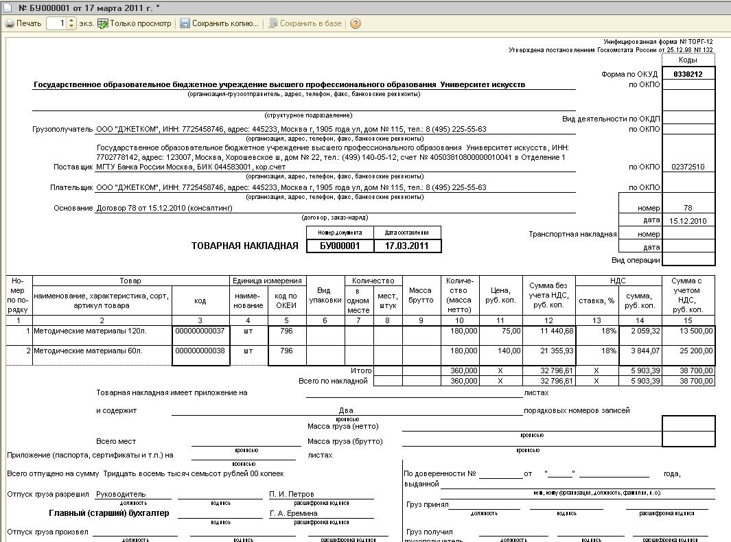 Торг 12 бланк образец заполнения