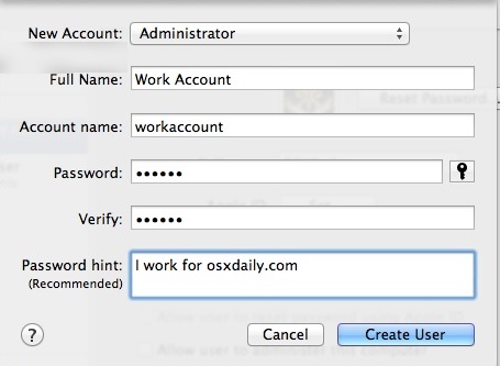 Creating the new user account on Mac OS X