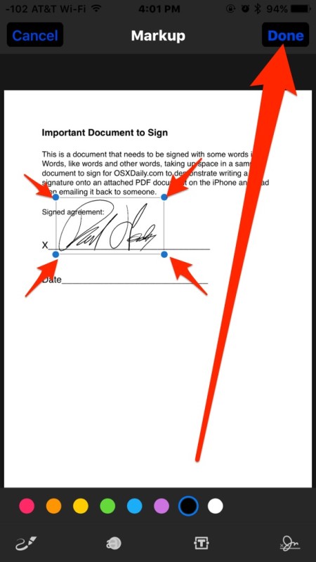Adjust signature as needed and tap Done 
