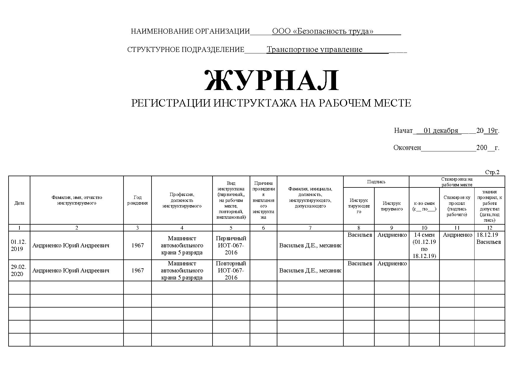 Журнал регистрации инструктажа на рабочем месте по охране труда 2022 образец заполнения