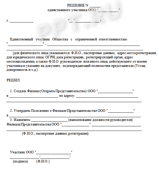 Решение об открытии филиала ооо образец