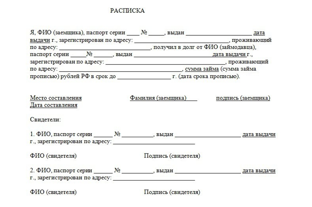 Расписка о получении денежных средств от юридического лица образец