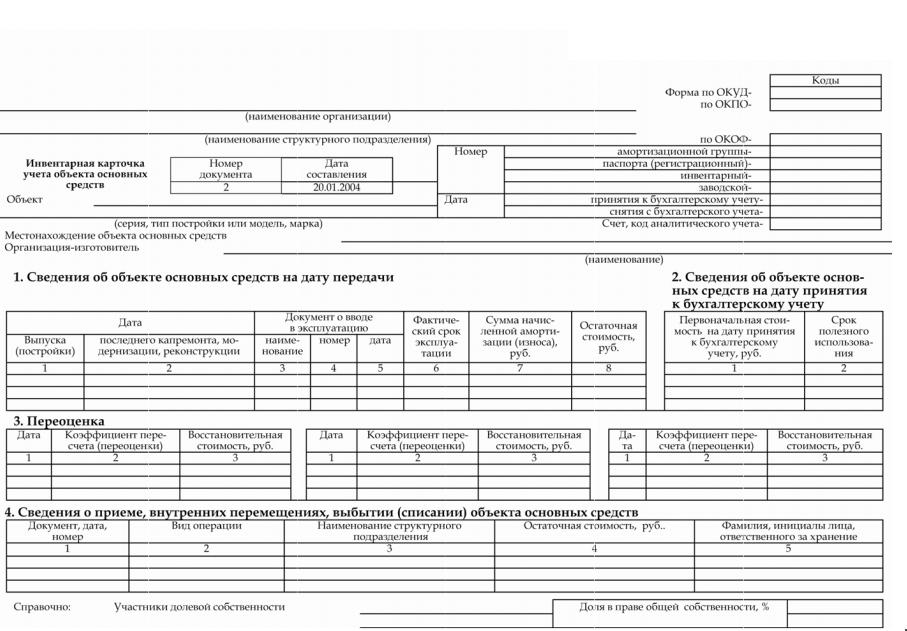 Как заполнить инвентарную карточку учета основных средств образец 0504031