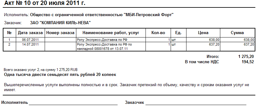 Бланк акта выполненных работ для ип грузоперевозки образец