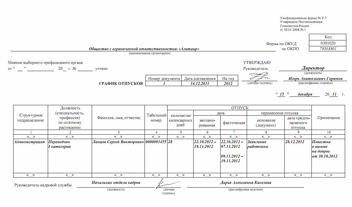 Перенос отпуска в графике отпусков образец