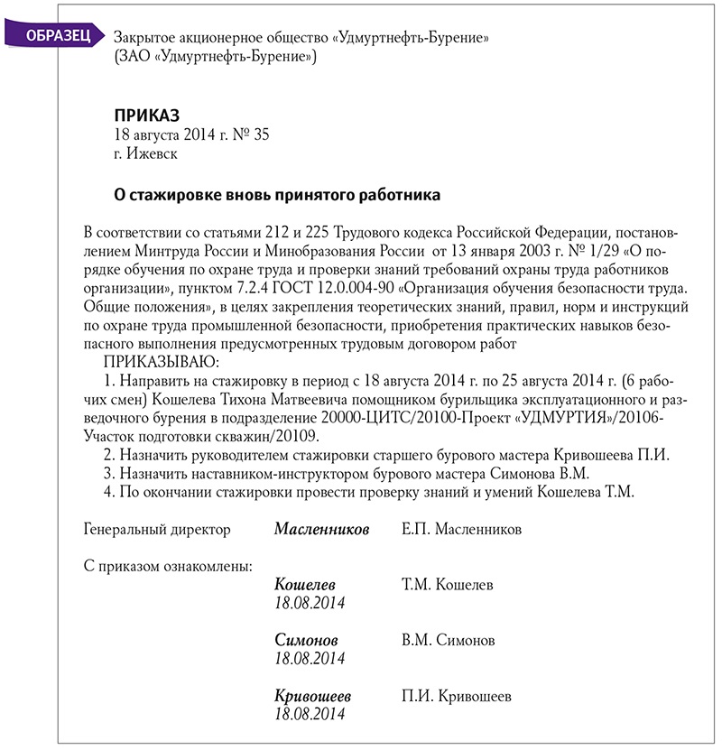 Образец приказа о назначении наставника вновь принятому работнику