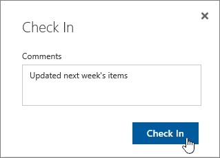 Check in dialog box with comment inserted, and check in button highlighted