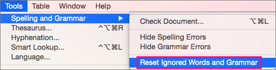 To clear the lists of words and grammar that Word ignores, click Reset Ignored Words and Grammar.