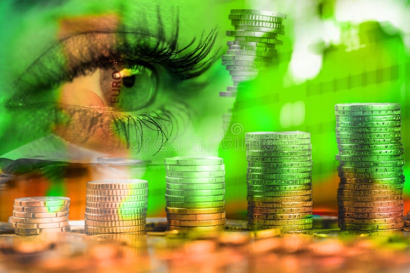 Eye of woman and money euro. Double exposure. Concept of business vision, money, earnings. Eye of woman and money euro. Double exposure. Concept of business stock photo