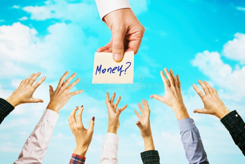 Lots of hands amid sky with clouds. People are drawn to the opportunity to get money. Concept on the topic of earnings.  stock photo