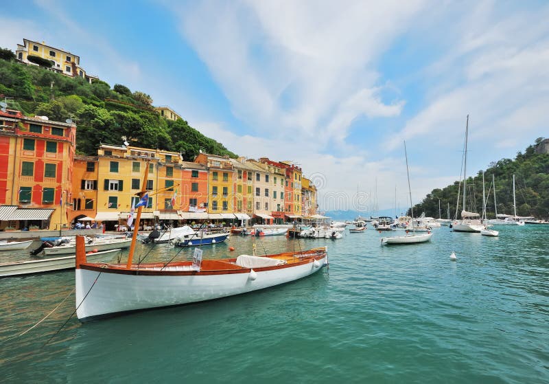 Portofino, тaxi boat. View from the pier on the sea in the Italian city of Portofino, summer, sunny royalty free stock images