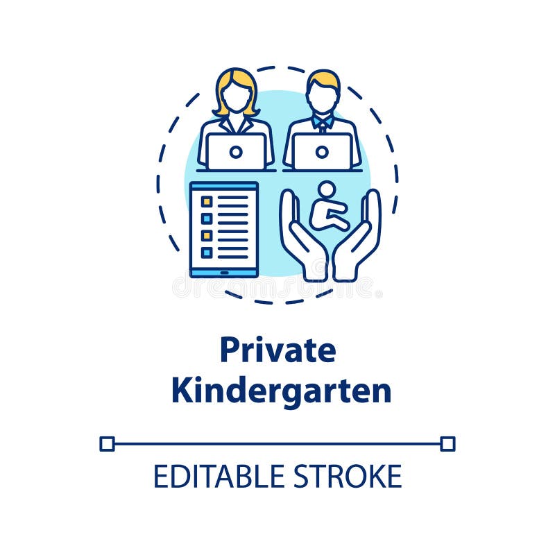 Private kindergarten concept icon. Early childhood education. Child care. Toddlers preschool center idea thin line illustration. Vector isolated outline RGB royalty free illustration
