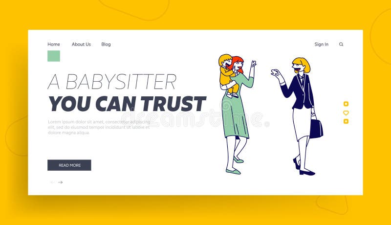 Private Kindergarten Service for Busy Parents Website Landing Page. Young Woman Mother Leaving her Baby to Babysitter. Nursery Profession Web Page Banner vector illustration