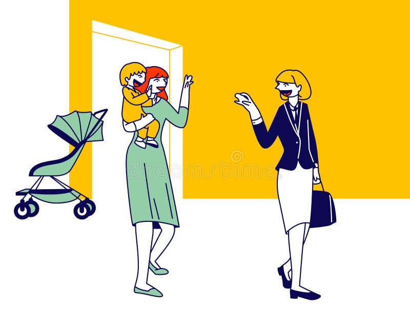 Young Woman Mother Waving Hand Saying Good Bye to Babysitter Holding her Baby on Hands. Private Kindergarten. Service for Busy Parents Concept. Nursery in Mall stock illustration