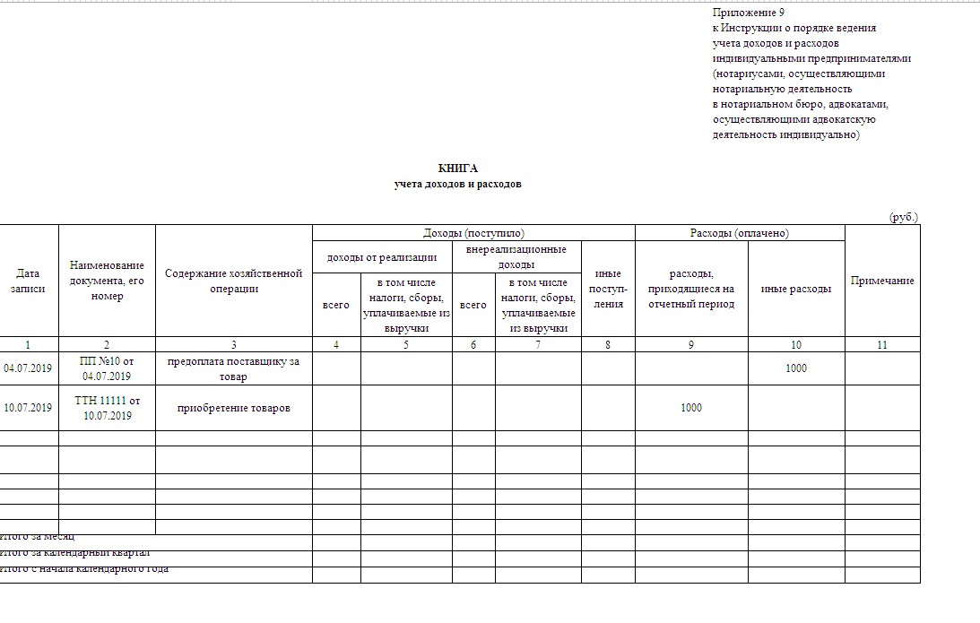 Книга учета доходов и расходов образец заполнения