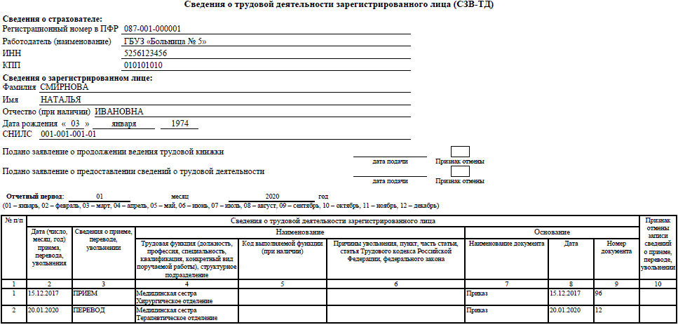 Сведения о трудовой деятельности из пфр образец