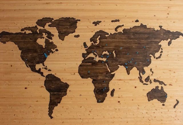 Home Business Ideas Wood Map of World with Pins in Cities