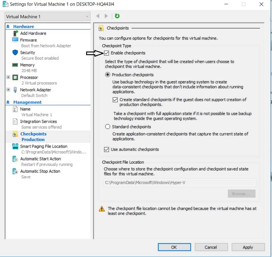 Enabling or disabling checkpoints