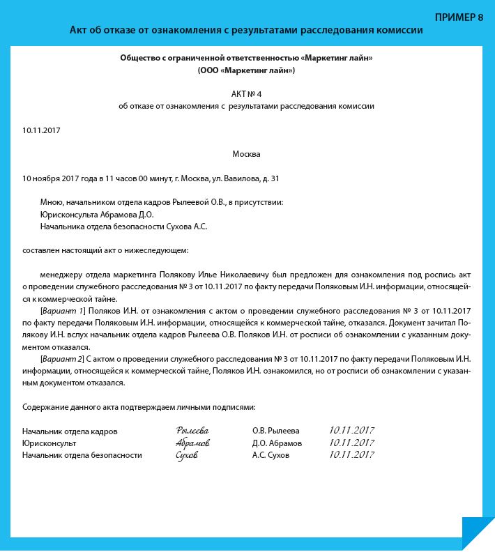 Акт об отказе подписывать документы образец