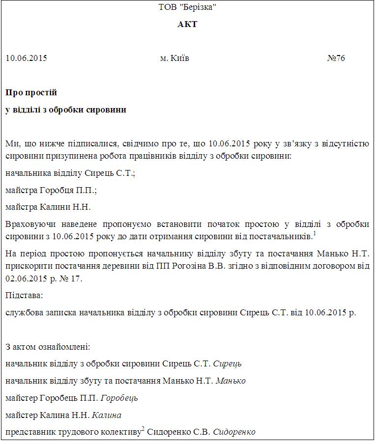 Образец акт о простое по вине работодателя