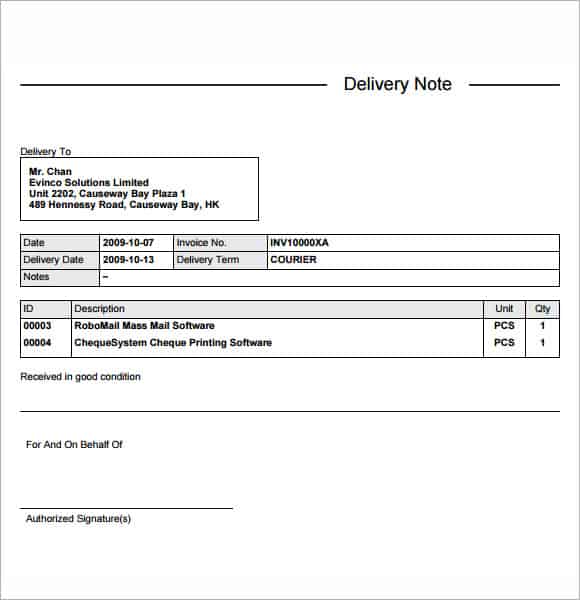 delivery note template 70