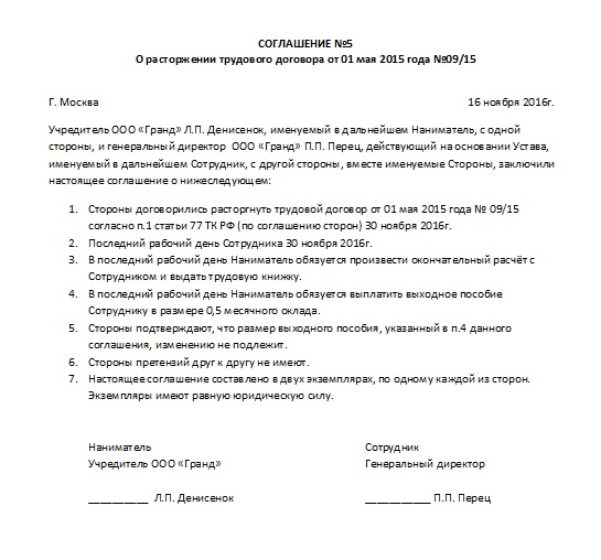 Соглашение сторон об увольнении по соглашению сторон образец